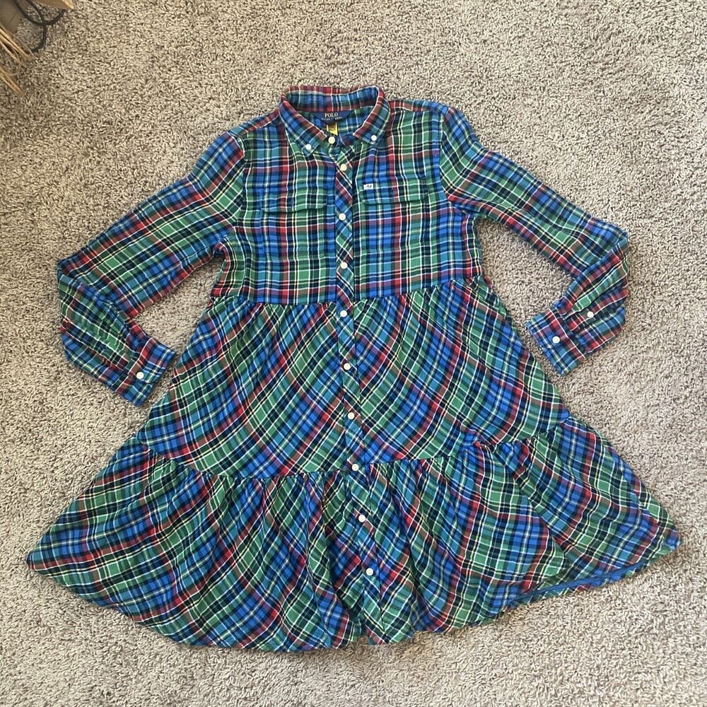 Polo Ralph Lauren Plaid Double-Faced Shirt Dress Girls 14 Flannel Button Front